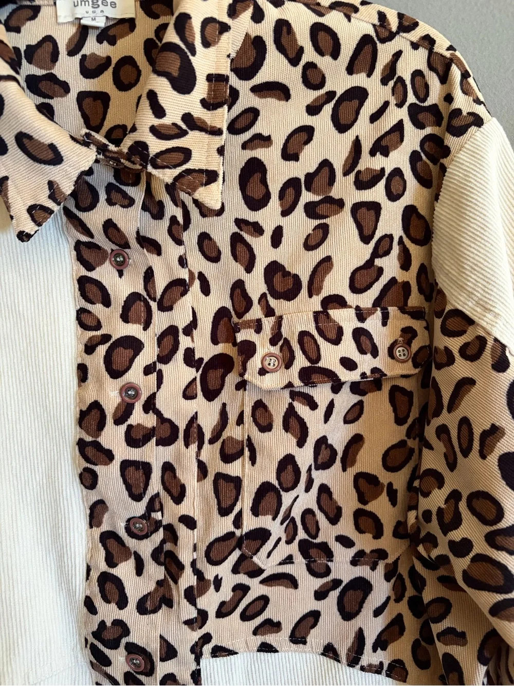 Umgee Leopard & Cream Patchwork Corduroy Shacket Raw Hem Oversized Western Boho - Picture 4 of 12